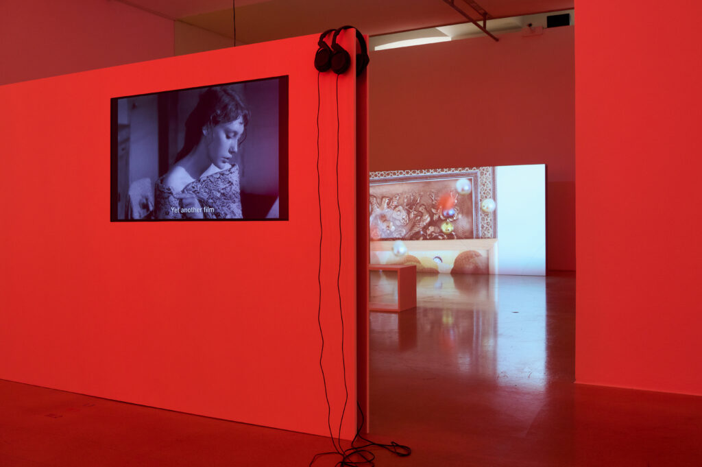 Ausstellungsansicht "Wake Words", Foto: Markus Gradwohl, Links: Enar de Dios Rodríguez Bresson’s Movies, 2015, Rechts: Lisa Truttmann & Behrouz Rae: Babash, 2014