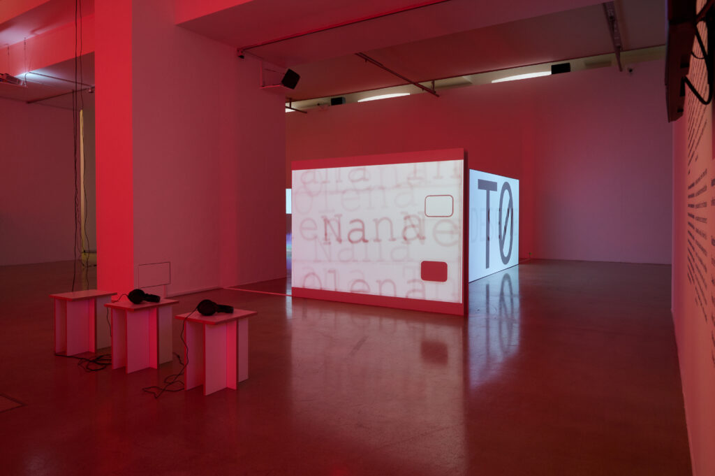 Ausstellungsansicht "Wake Words", Foto: Markus Gradwohl,
Links: Olena Newkryta & Nana Thurner: Film Still, 2013,
Young-Hae Chang Heavy Industries: Please Mistake Me For Nobody, 2017