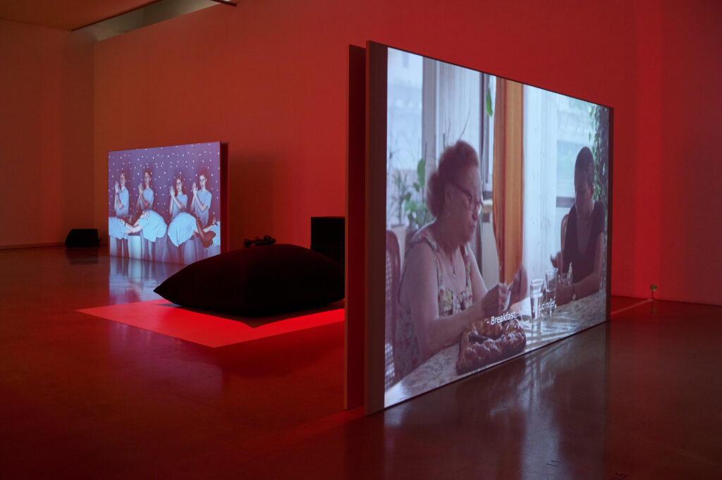 Ausstellungsansicht "Wake Words", Foto: Markus Gradwohl, Links: Marlies Pöschl: Simple Whistles, 2020, Rechts: Diana Vidrașcu: Le silence des sirènes, 2019